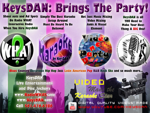 We at KeysDAN Enterprises, Inc. Live Entertainment and Disc Jockey Services would like to think that we are innovators in Computerized DJing. We use PC's and over 50,000 MP3's to suit nearly every occasion. We have tunes that will satisfy from the 40's, 50's, 60's, 70's, 80's, 90's, and today's hottest hits from nearly every genre. You pick it, we will play it. We are based out of the Arkansas DJ, Arkansas DJs, Ar DJ, Ar DJs, Event Planner Arkansas, Karaoke Ar, Arkansas Bands, Ar Band, Benton County DJ, Hot Springs DJ - Arkansas DJ, Arkansas DJs, Arkansas Wedding DJ, Benton County DJ, Benton County DJs, Conway Arkansas DJ, Hot Springs DJs, Fayetteville Ar Disc Jockey, Fort Smith Ar Disc Jockeys, Central Arkansas Entertainment, Central Arkansas DJ. We can provide Live Bands for weddings, company functions, private parties, night clubs and local bars. If you need a Benton County Arkansas band or bands we have the best.".