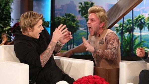 Ellen DeGeneres Scares Justin Bieber With A Bieber Look Alike!