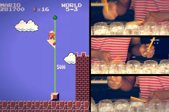Super Mario Bros. Theme Song Played on Wine Glasses & Frying Pan